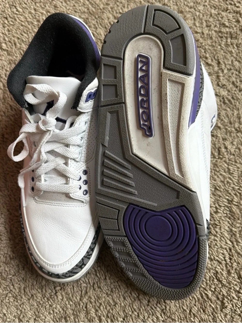 Jordan White and Purple Retro Basketball Sneakers with Elephant Print